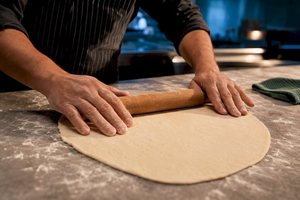 Hands rolling a medium flour tortilla