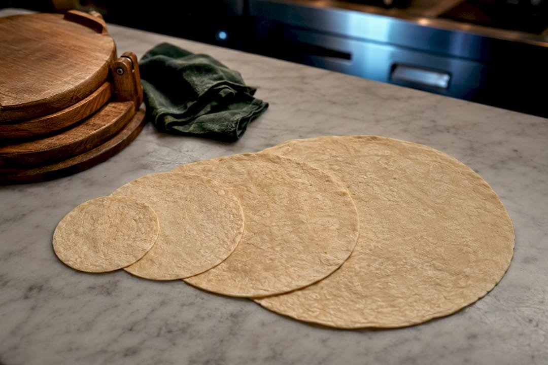 Four tortilla sizes arranged by diameter