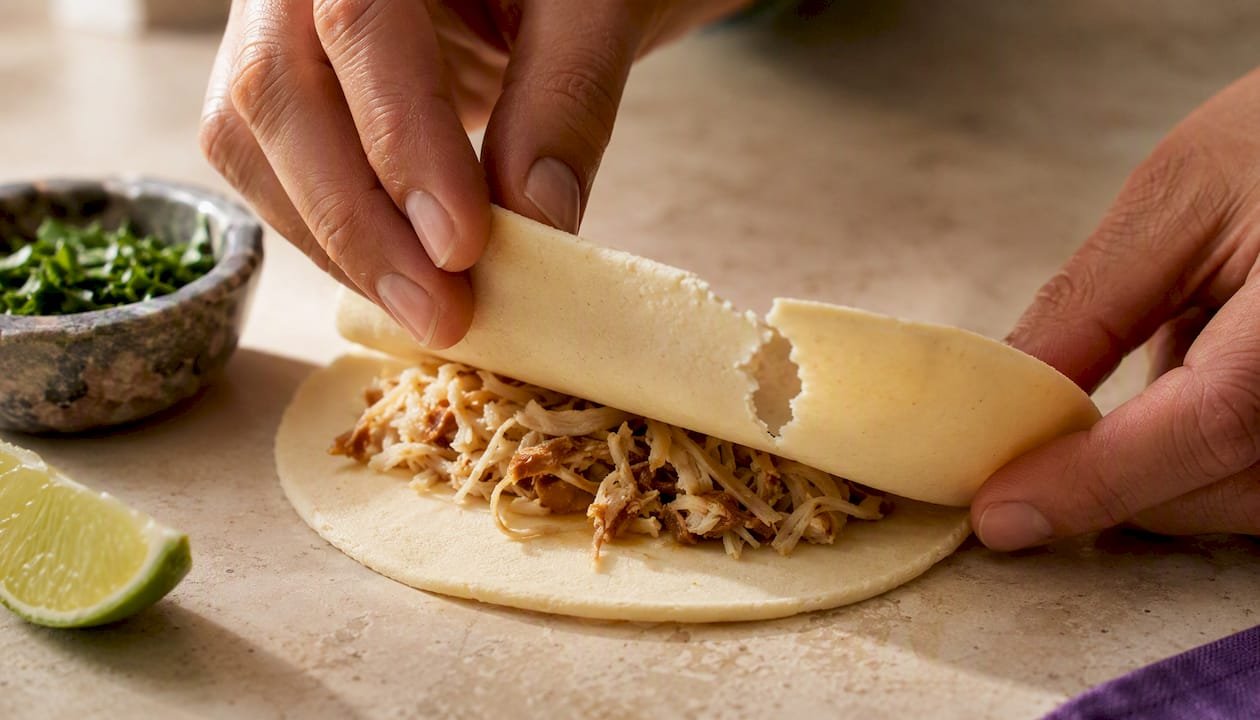 Cassava tortilla showing a small tear