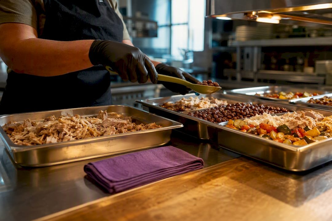 Hands preparing Mexican catering trays