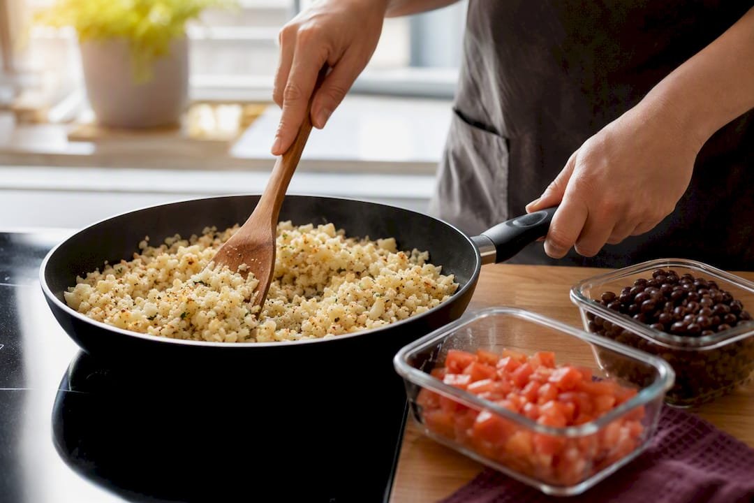 Cauliflower rice reheating in dry skillet