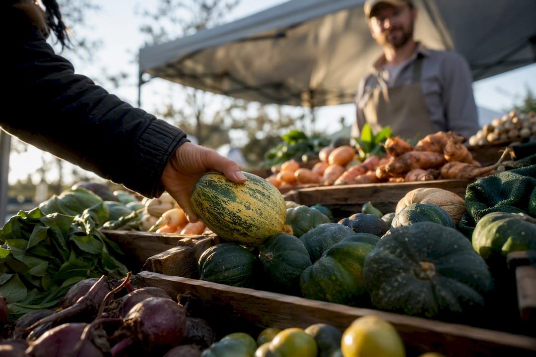 Shopper choosing produce at a farm stand