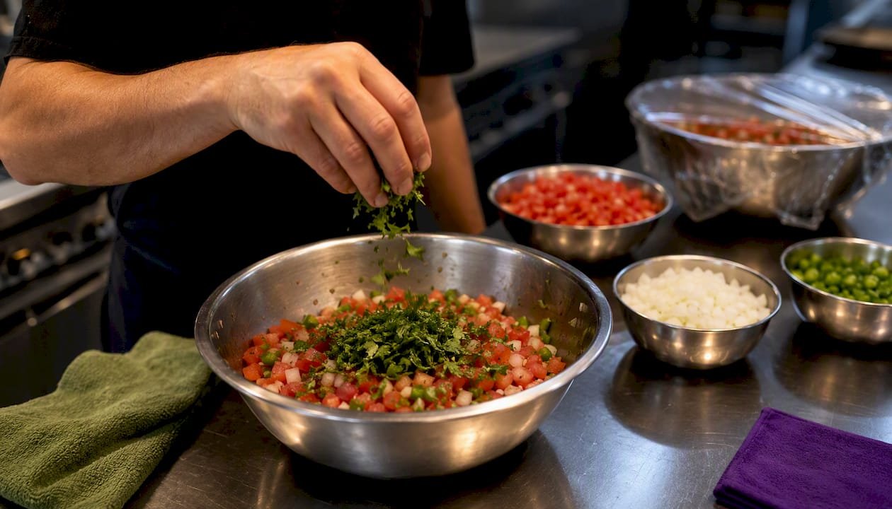 Cook preparing parsley salsa in kitchen