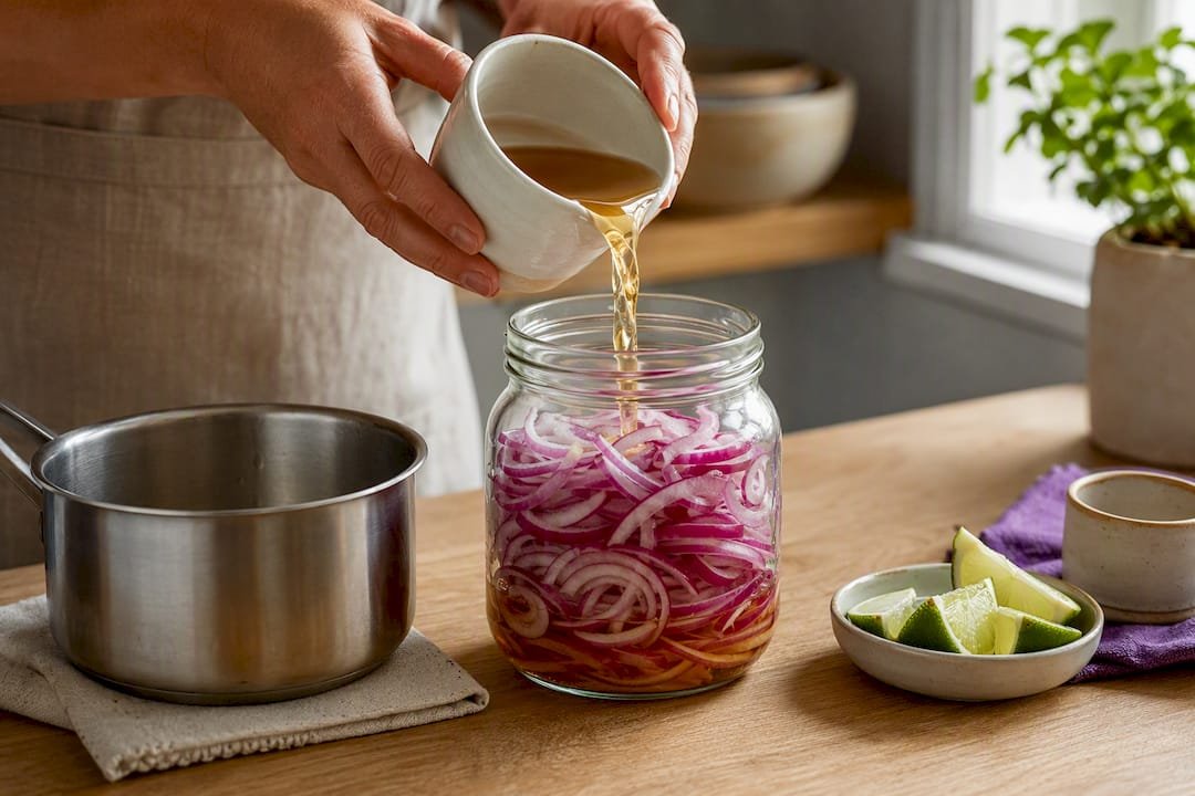 Brine poured over sliced onions in jar