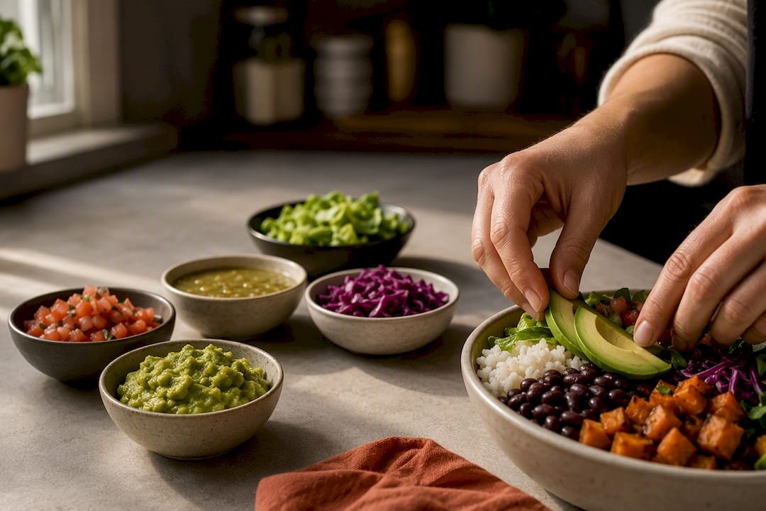 Fresh burrito bowl toppings arranged for serving