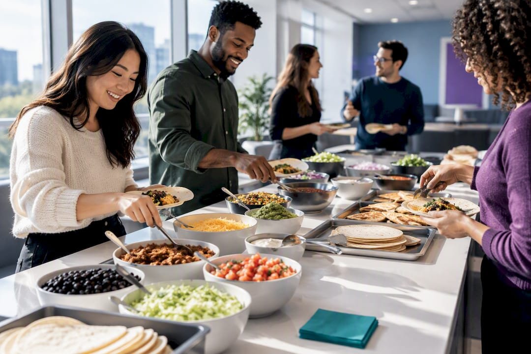 Coworkers assembling lunch at a shared bar