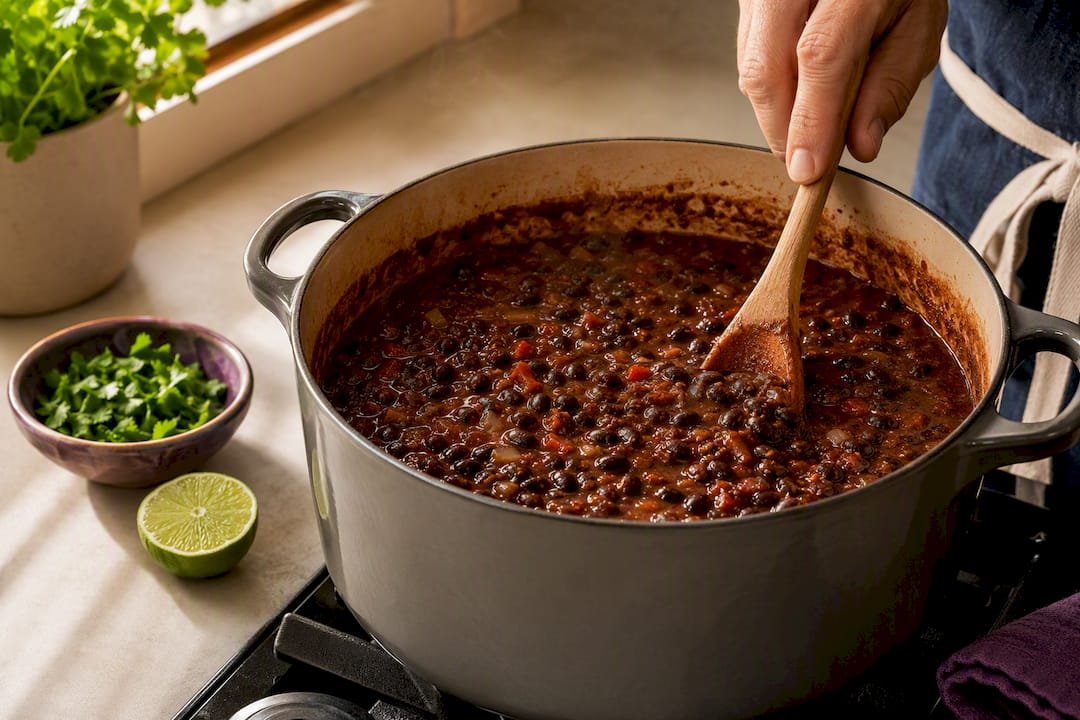 Black bean chili simmering in a pot