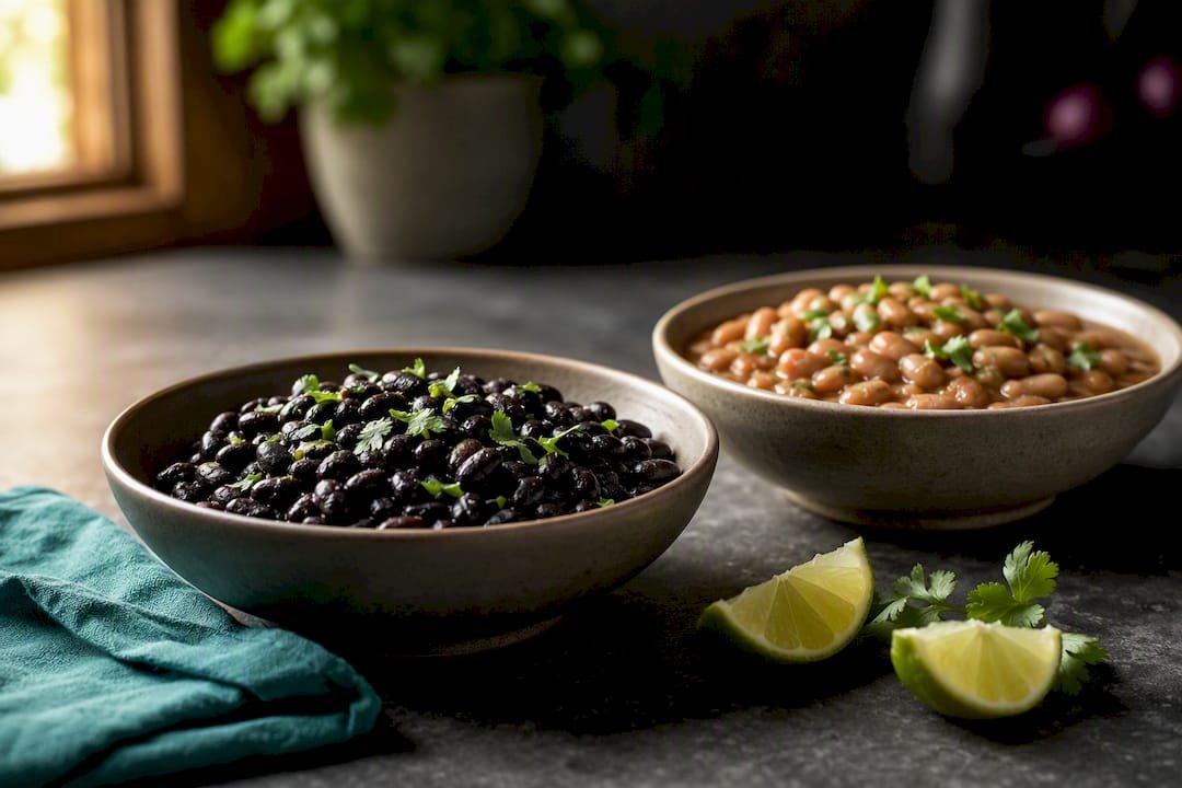Black and pinto beans in separate bowls