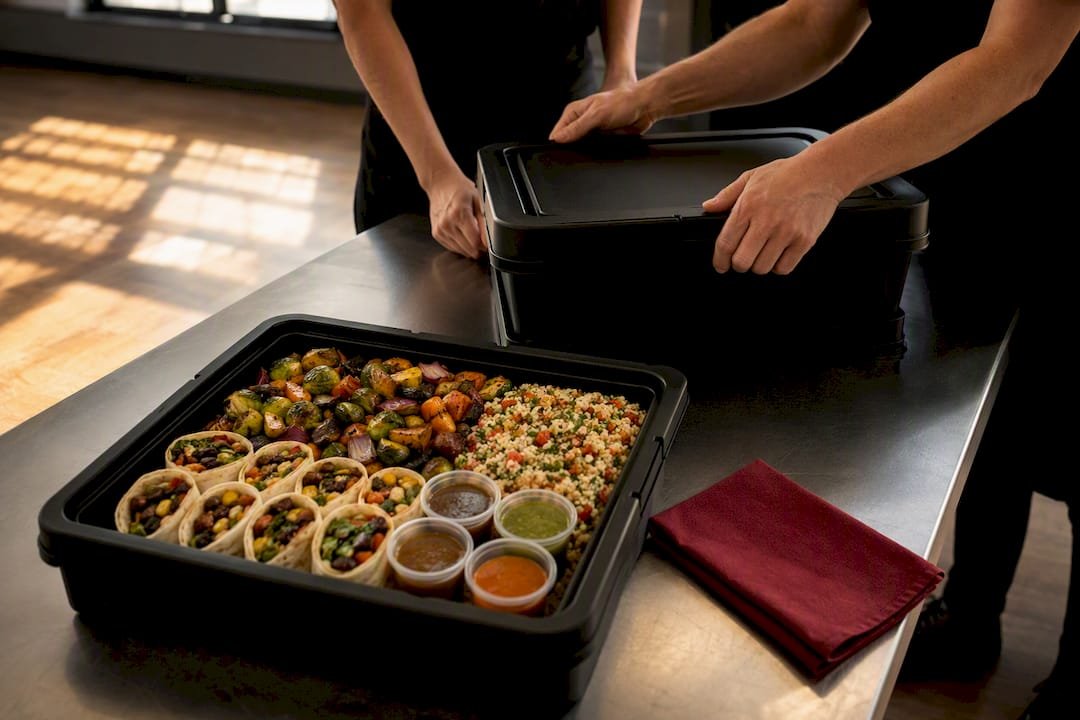 Vegetarian catering trays prepared for transport
