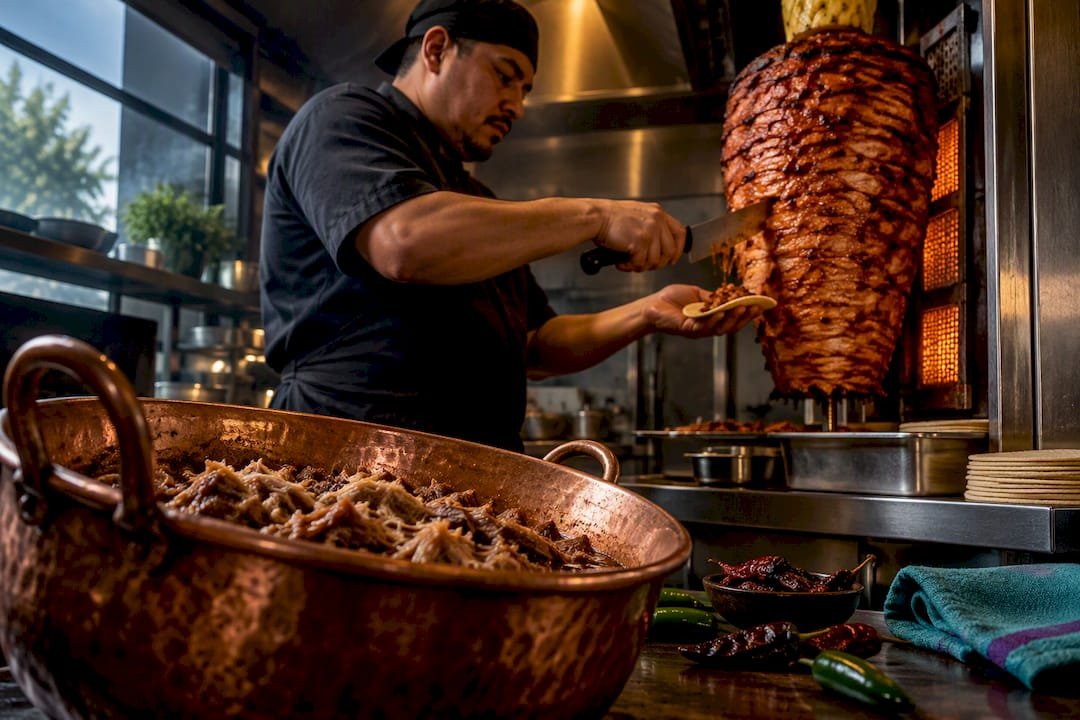 Al pastor trompo beside carnitas copper pot