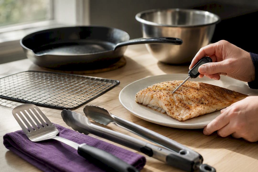 Thermometer and tools beside walleye fillet
