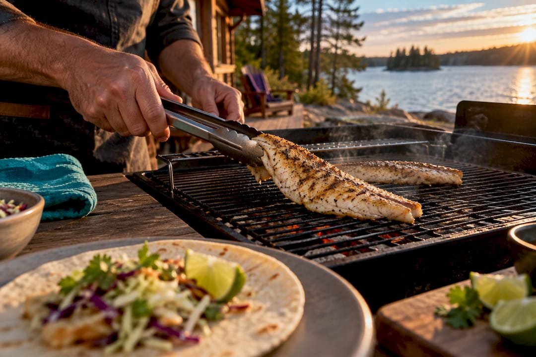 Walleye fillet grilling beside taco ingredients