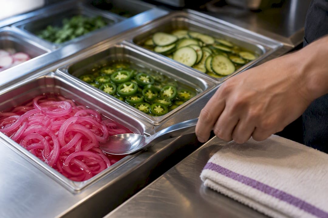 Chilled pickled onions jalapeños and cucumbers