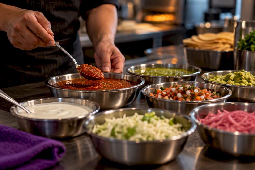 Taco toppings arranged in separate prep bowls