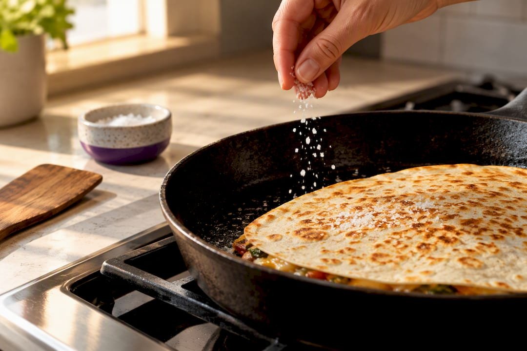 Salt sprinkled over flipped quesadilla