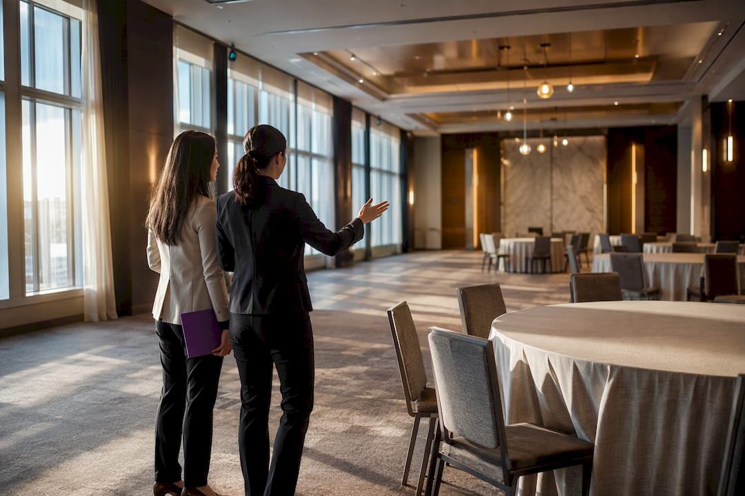 Planners assessing an event venue layout