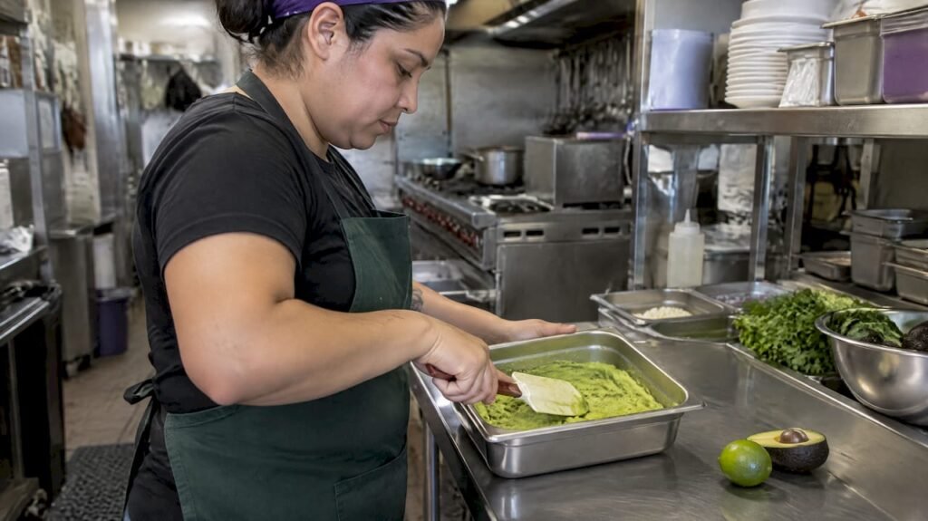 Fresh guacamole being smoothed in kitchen container