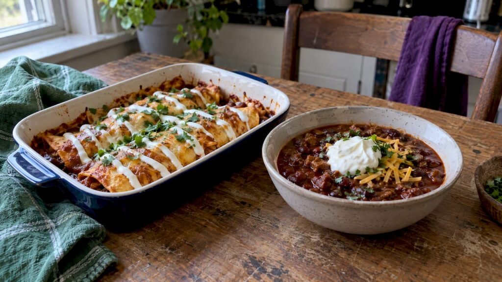 Crema-drizzled enchiladas beside sour cream-topped chili