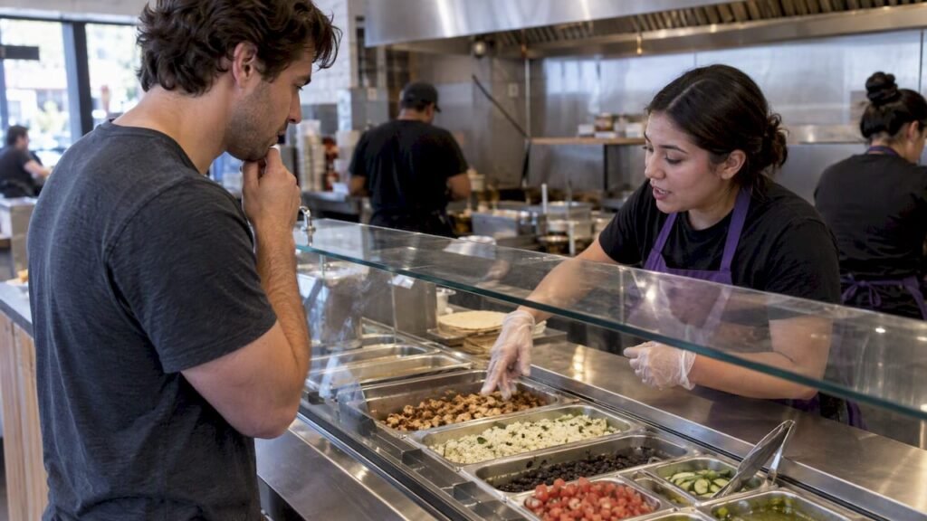 Diner confirming ingredients at restaurant counter
