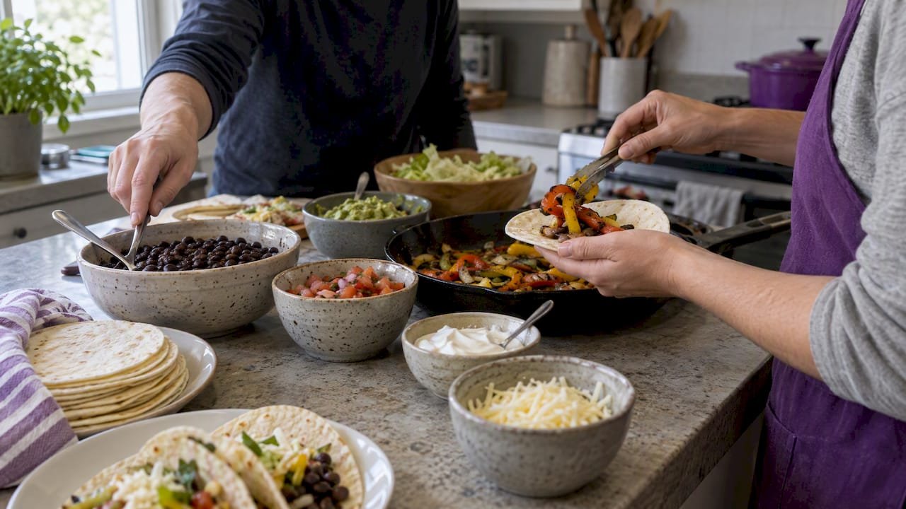 Family taco bar with vegetables and tortillas