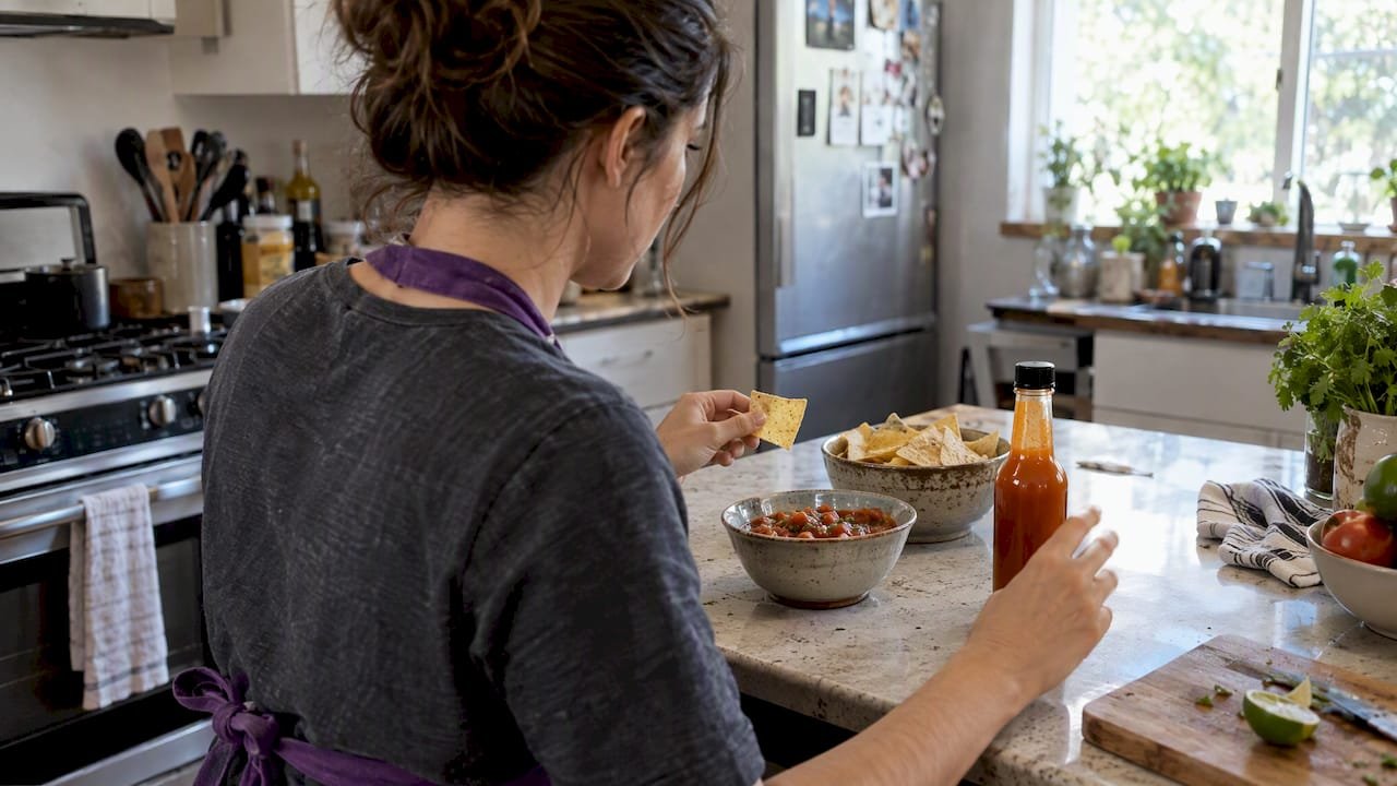 Home cook comparing salsa and hot sauce