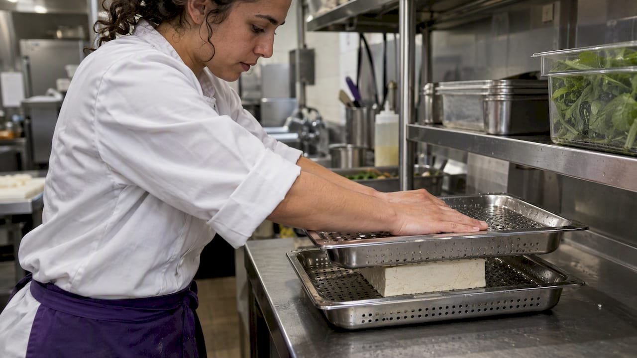 Cook presses extra-firm tofu between perforated trays