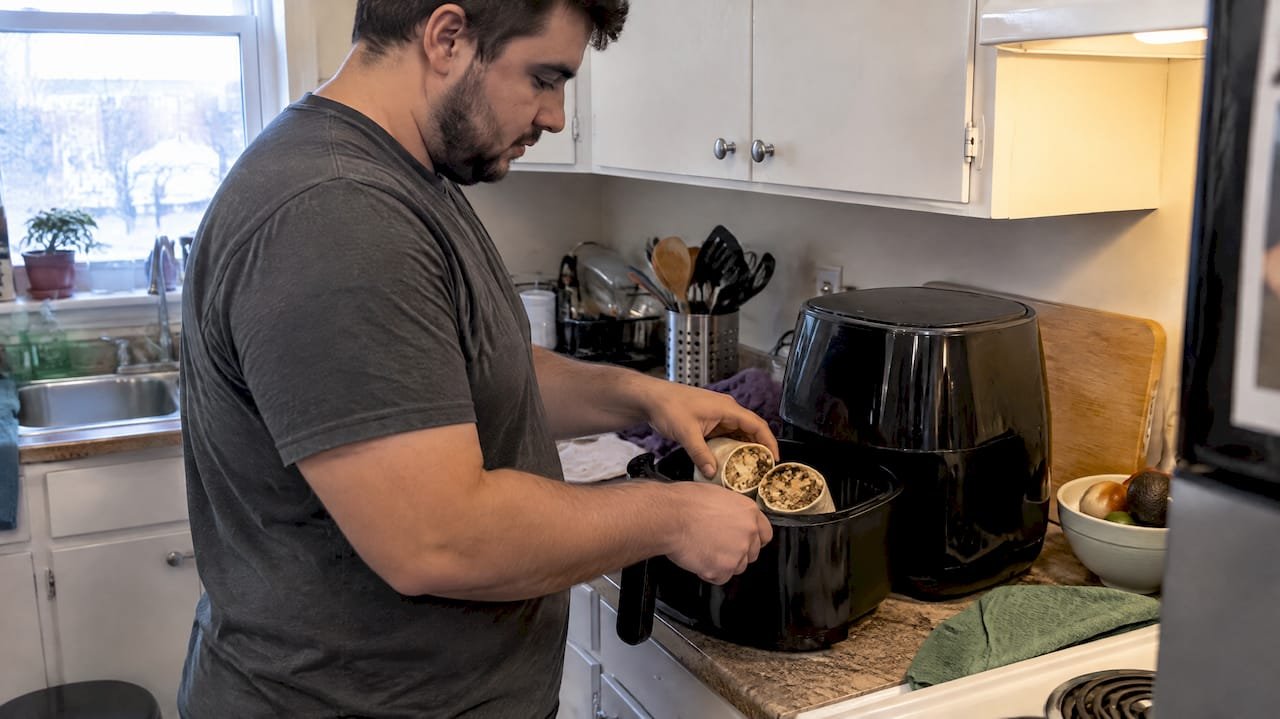 Burrito halves placed in an air-fryer basket