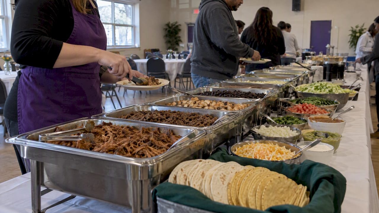Catered taco bar laid out for guests