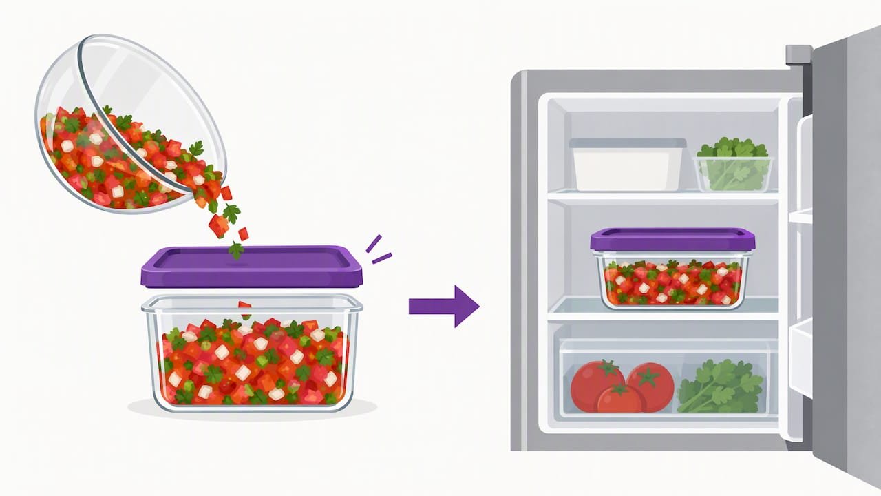 Salsa sealed in a clean container and chilled