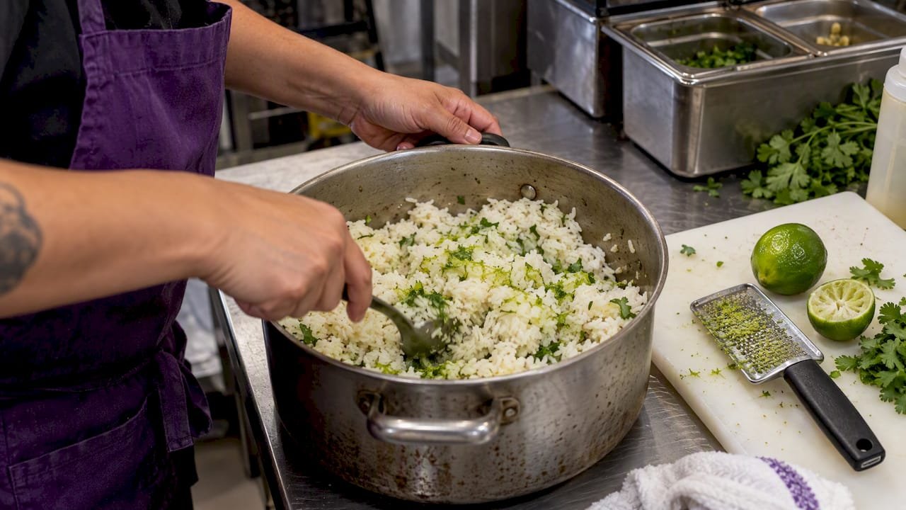 Lime zest stirred into freshly rested rice