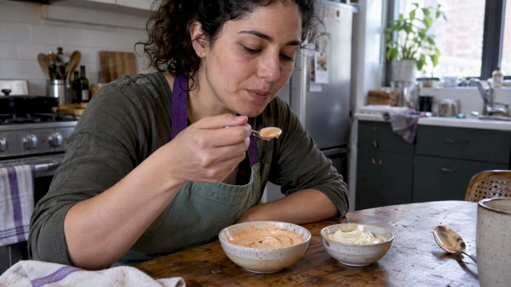 Cook tasting chipotle mayo beside garlic aioli