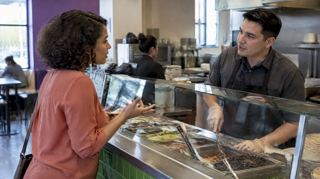 Diner asking staff about dairy ingredients