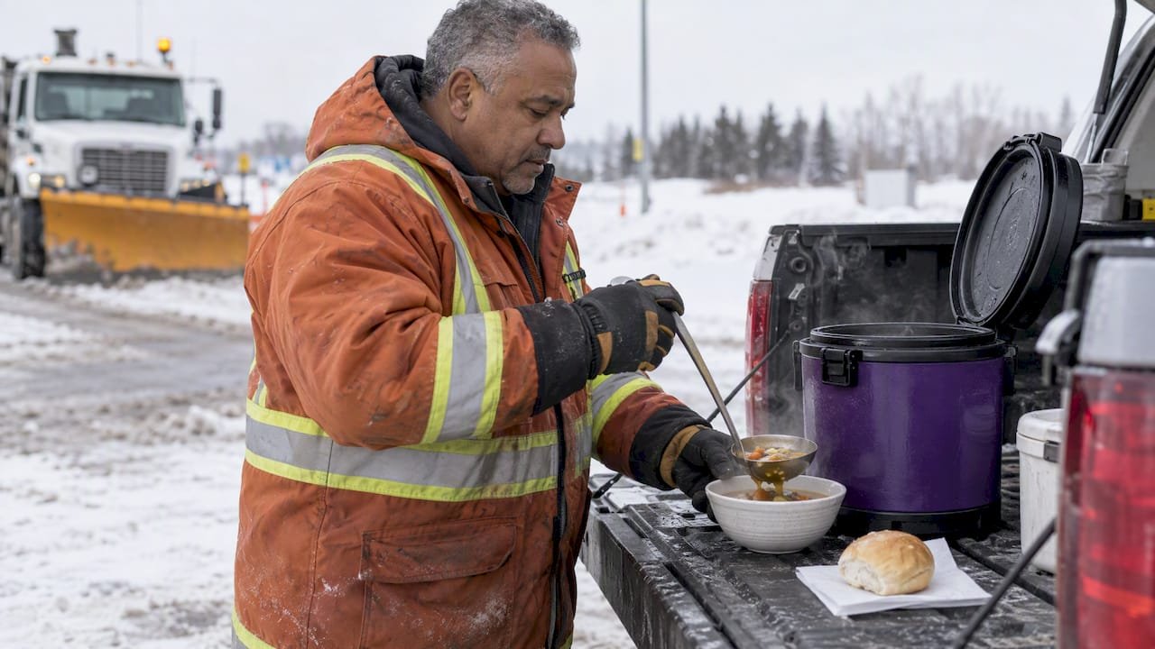 Worker serving soup from an insulated carrier
