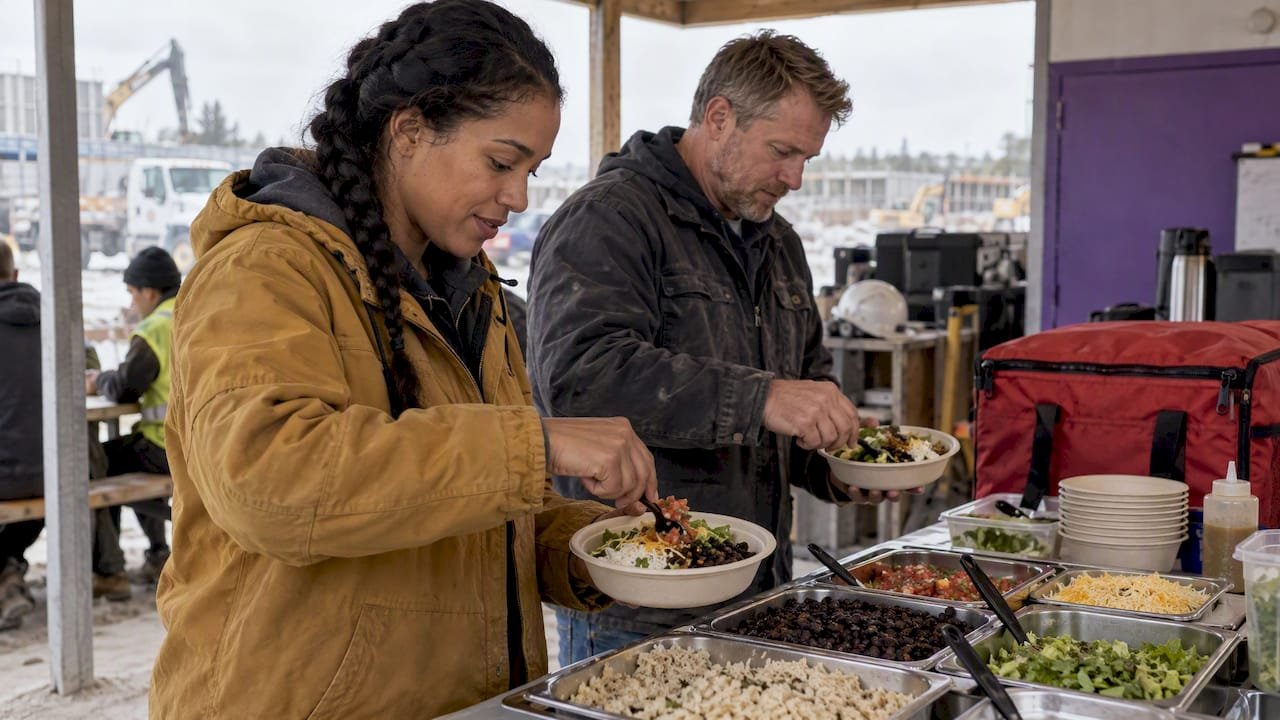 Crew assembling burrito bowls during a work break