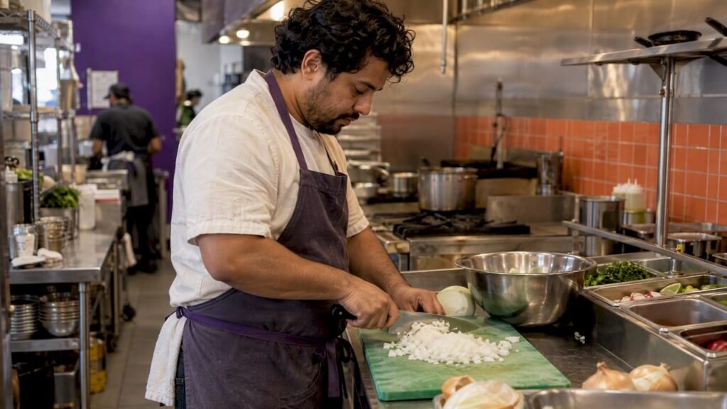 Cook chopping onions in a restaurant kitchen