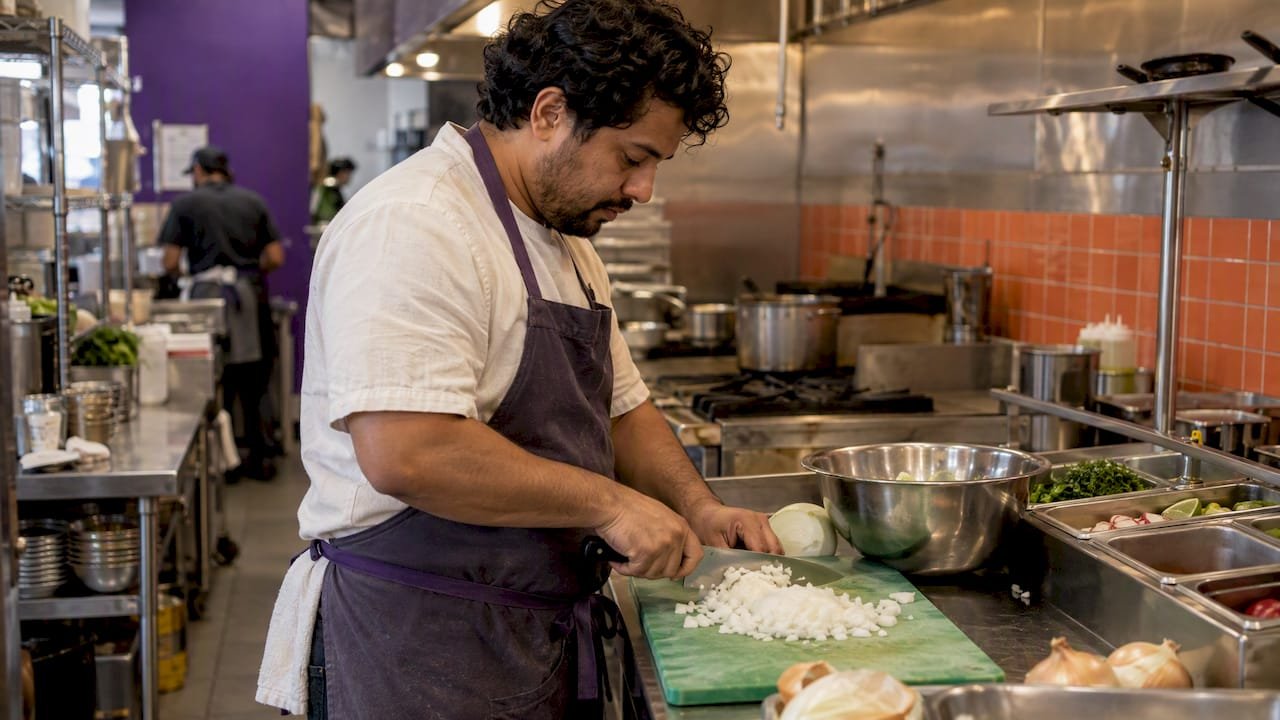 Cook chopping onions in a restaurant kitchen