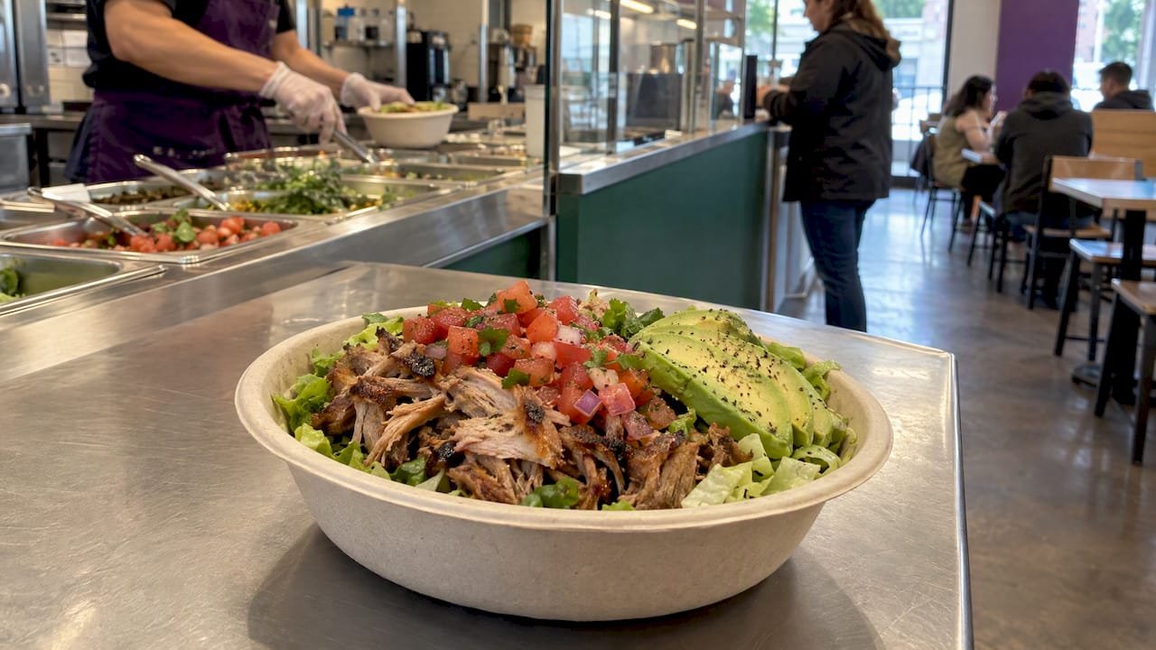 Naked bowl with pork, lettuce, salsa and avocado