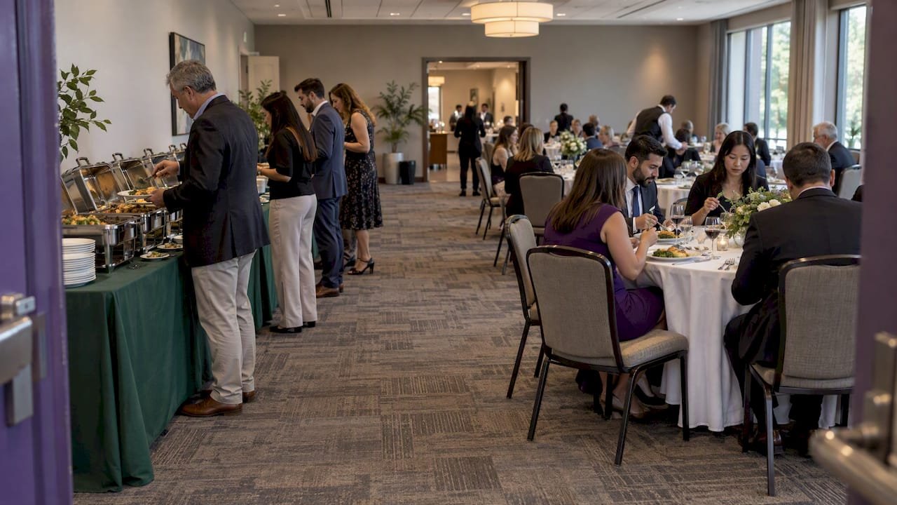 Buffet and plated catering setups in an event room
